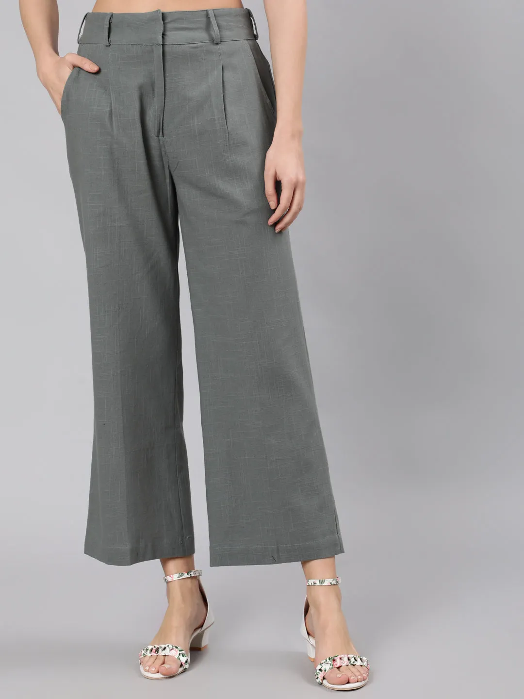 Grey Cotton Slub Flared High Rise Parallel Pants