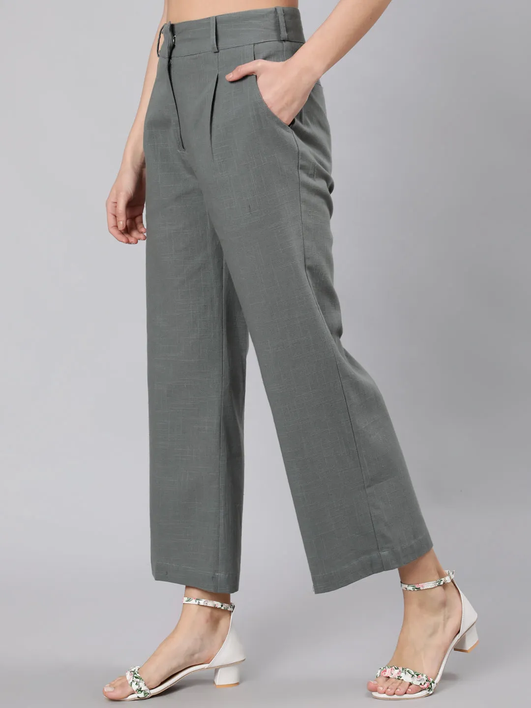 Grey Cotton Slub Flared High Rise Parallel Pants