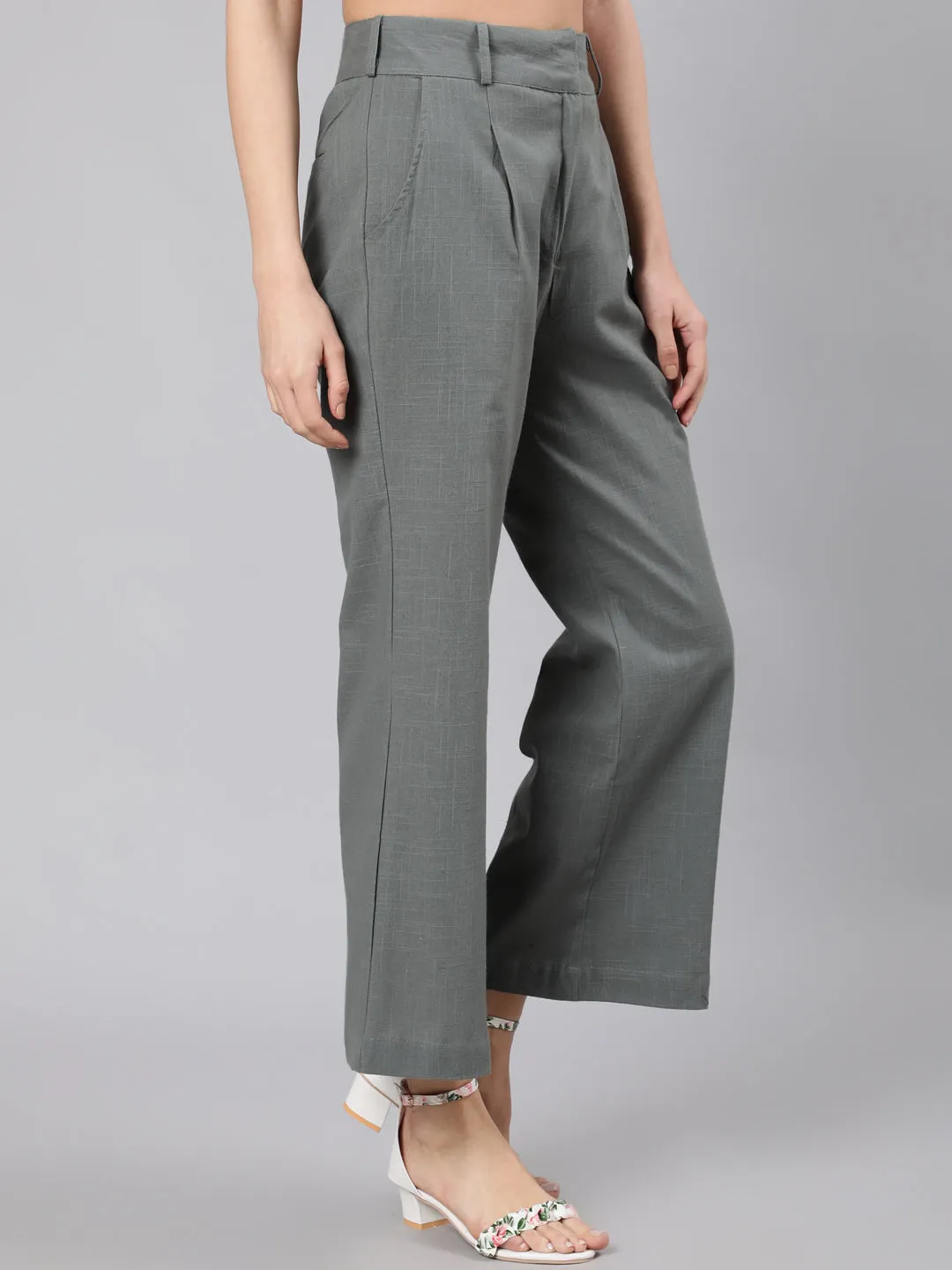 Grey Cotton Slub Flared High Rise Parallel Pants