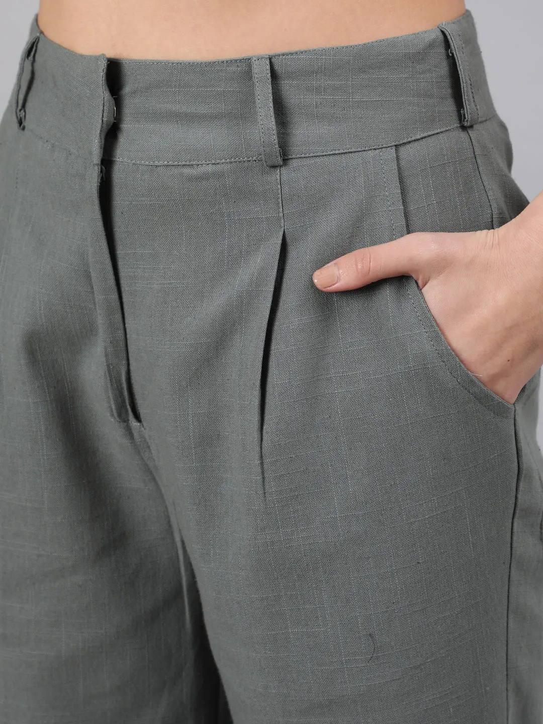 Grey Cotton Slub Flared High Rise Parallel Pants