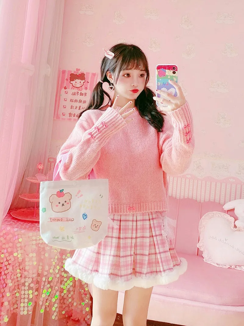 Harajuku Pink Plaid High Waist Fur Pleated Skirt