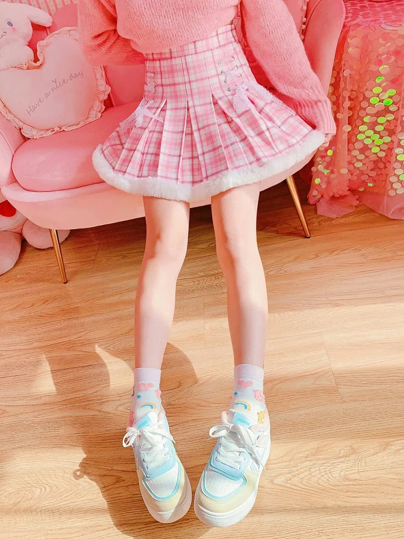 Harajuku Pink Plaid High Waist Fur Pleated Skirt