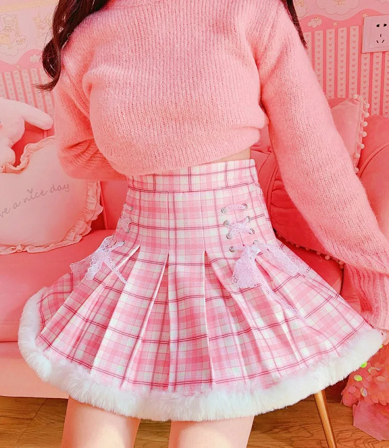 Harajuku Pink Plaid High Waist Fur Pleated Skirt