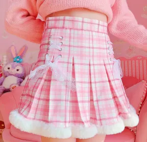 Harajuku Pink Plaid High Waist Fur Pleated Skirt