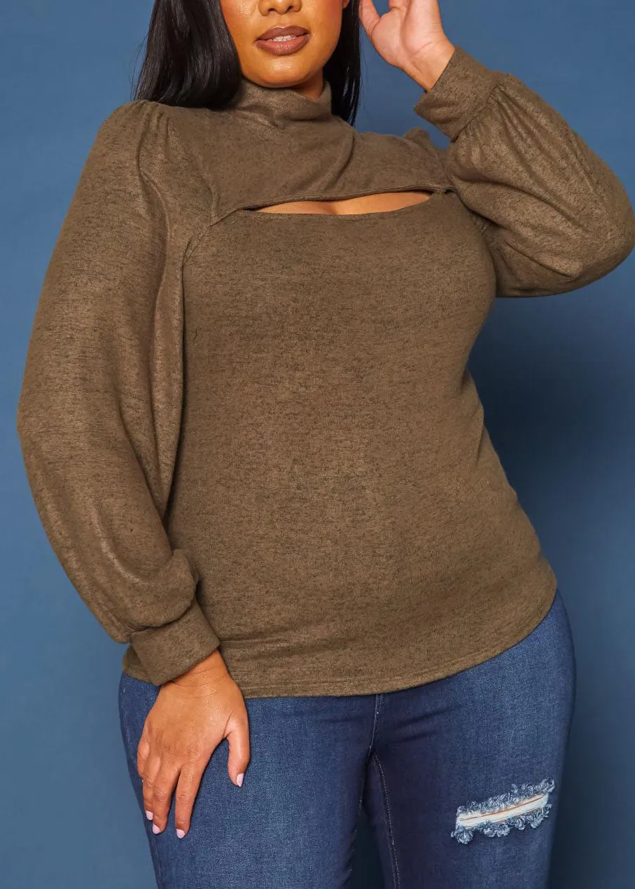 Hi Curvy Plus Size Women Keyhole Front Mock Neck Knit Top