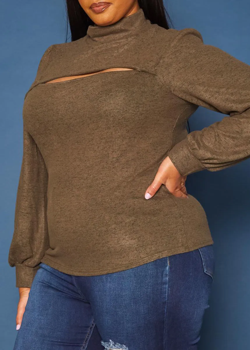 Hi Curvy Plus Size Women Keyhole Front Mock Neck Knit Top