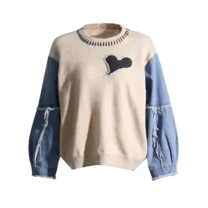 Hit Color Spliced Denim Sweater For Women Round Neck Long Sleeve Pullover Sweaters Female Fashion Style Clothing