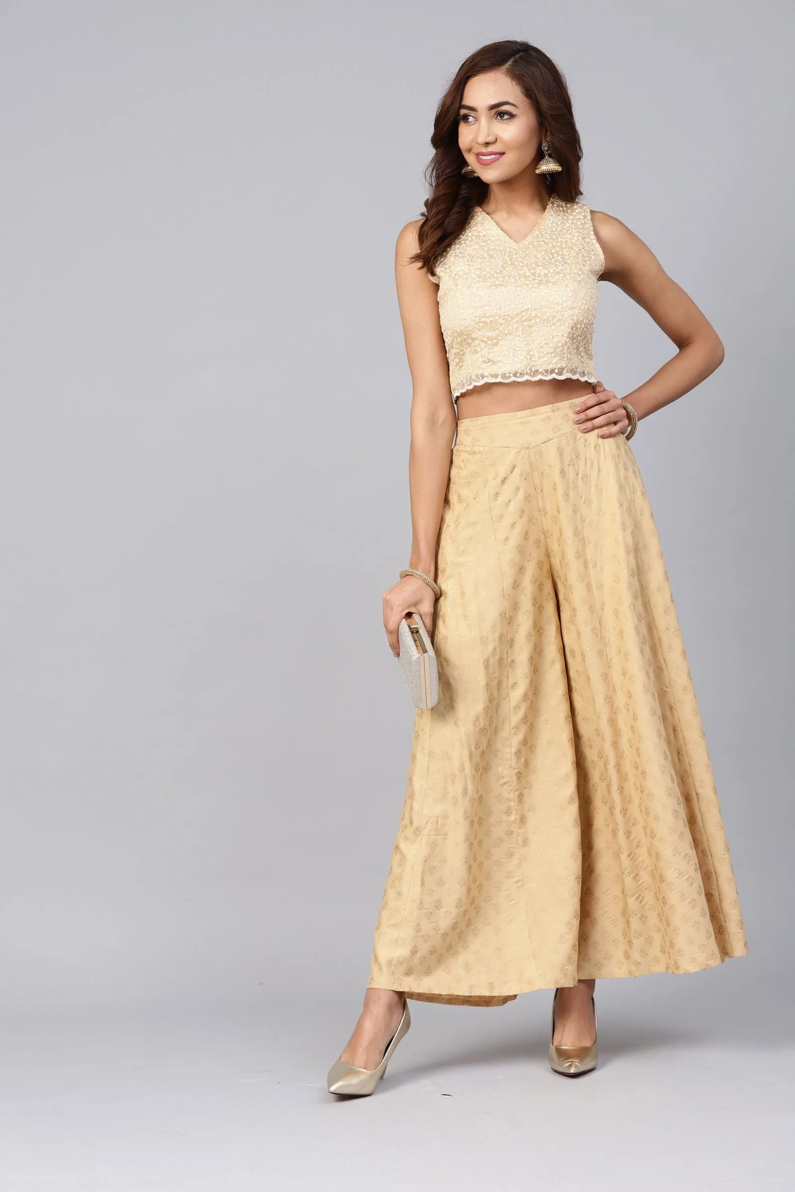 Jashvi Gold Ethnic Motif Printed Rayon Flared Women Palazzo With One Pocket