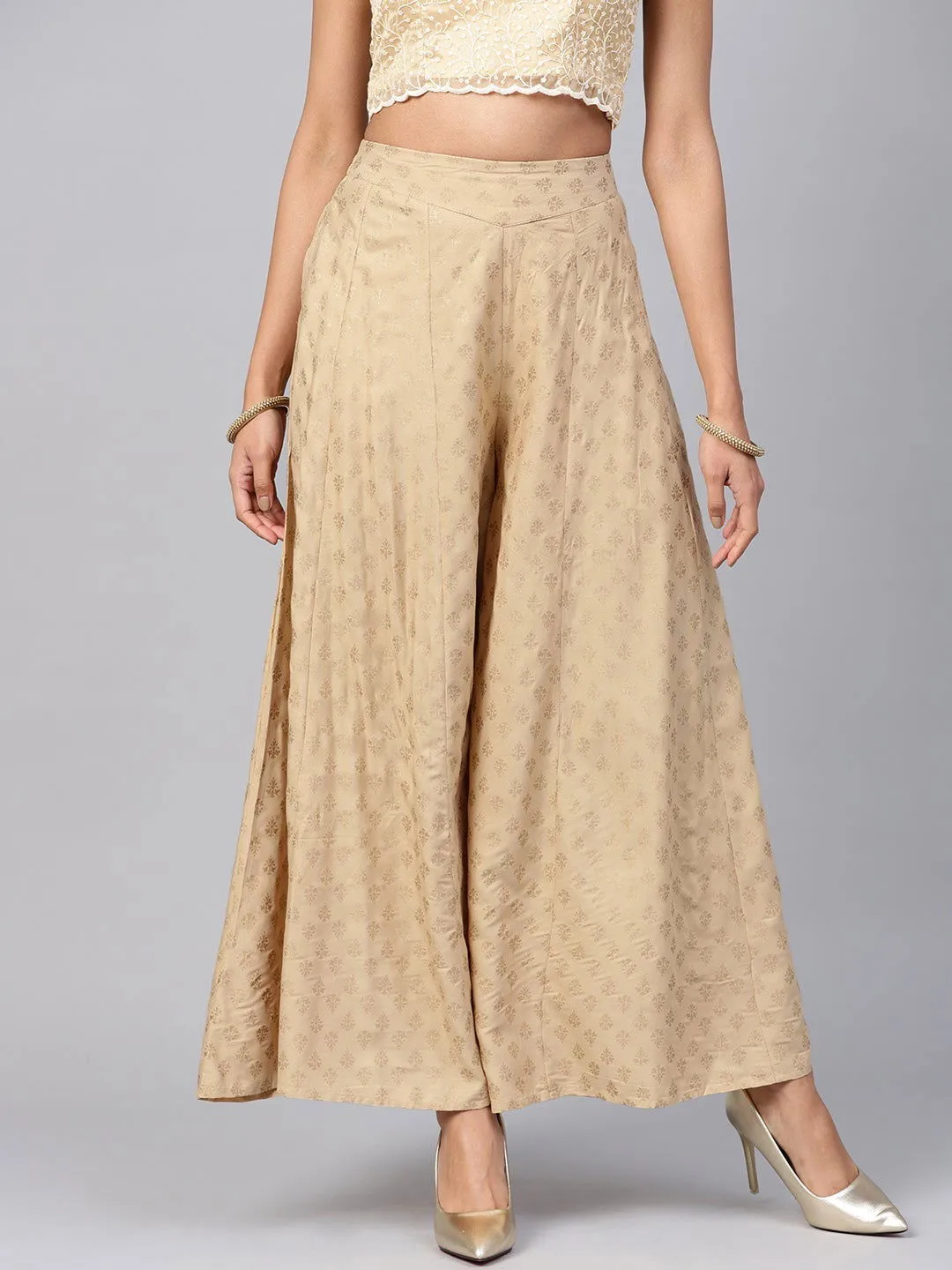 Jashvi Gold Ethnic Motif Printed Rayon Flared Women Palazzo With One Pocket