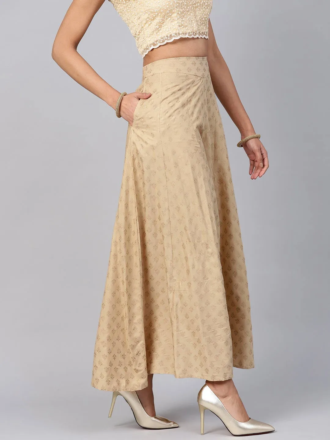 Jashvi Gold Ethnic Motif Printed Rayon Flared Women Palazzo With One Pocket
