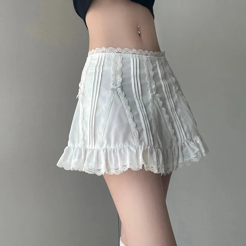 Korean Sweet Lolita White Summer Women's Skirts Bow Ruffles Lace Patchwork Coquette  Clothes Mini Skirt Frill Outfits
