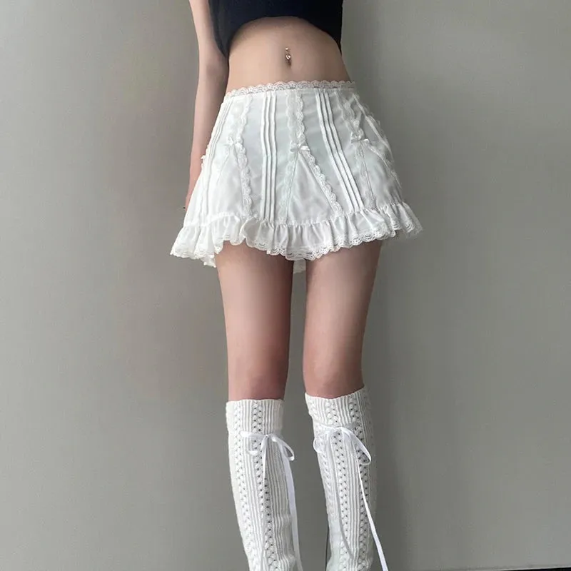 Korean Sweet Lolita White Summer Women's Skirts Bow Ruffles Lace Patchwork Coquette  Clothes Mini Skirt Frill Outfits