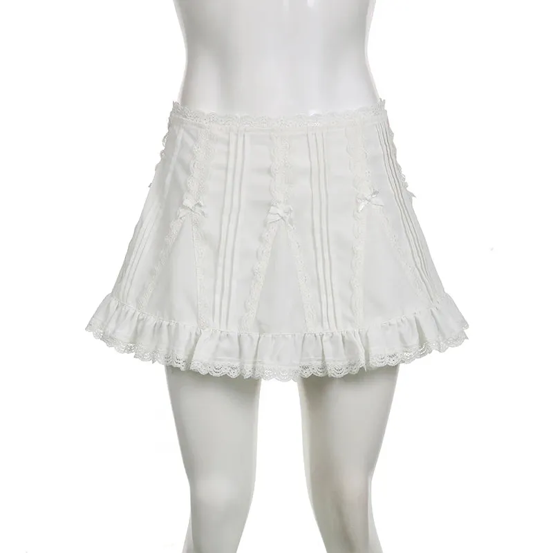 Korean Sweet Lolita White Summer Women's Skirts Bow Ruffles Lace Patchwork Coquette  Clothes Mini Skirt Frill Outfits