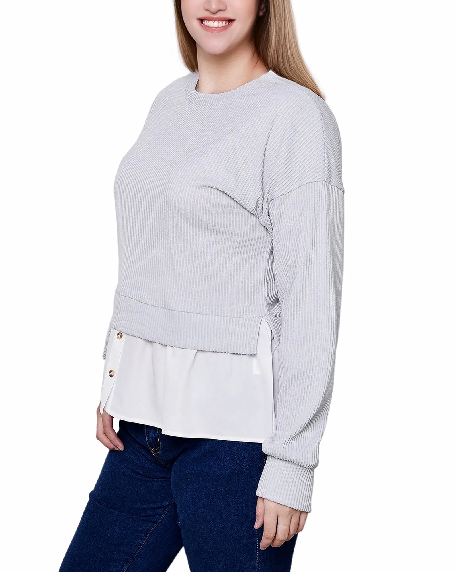 Long Sleeve Two-Fer Top With Gathered Inset