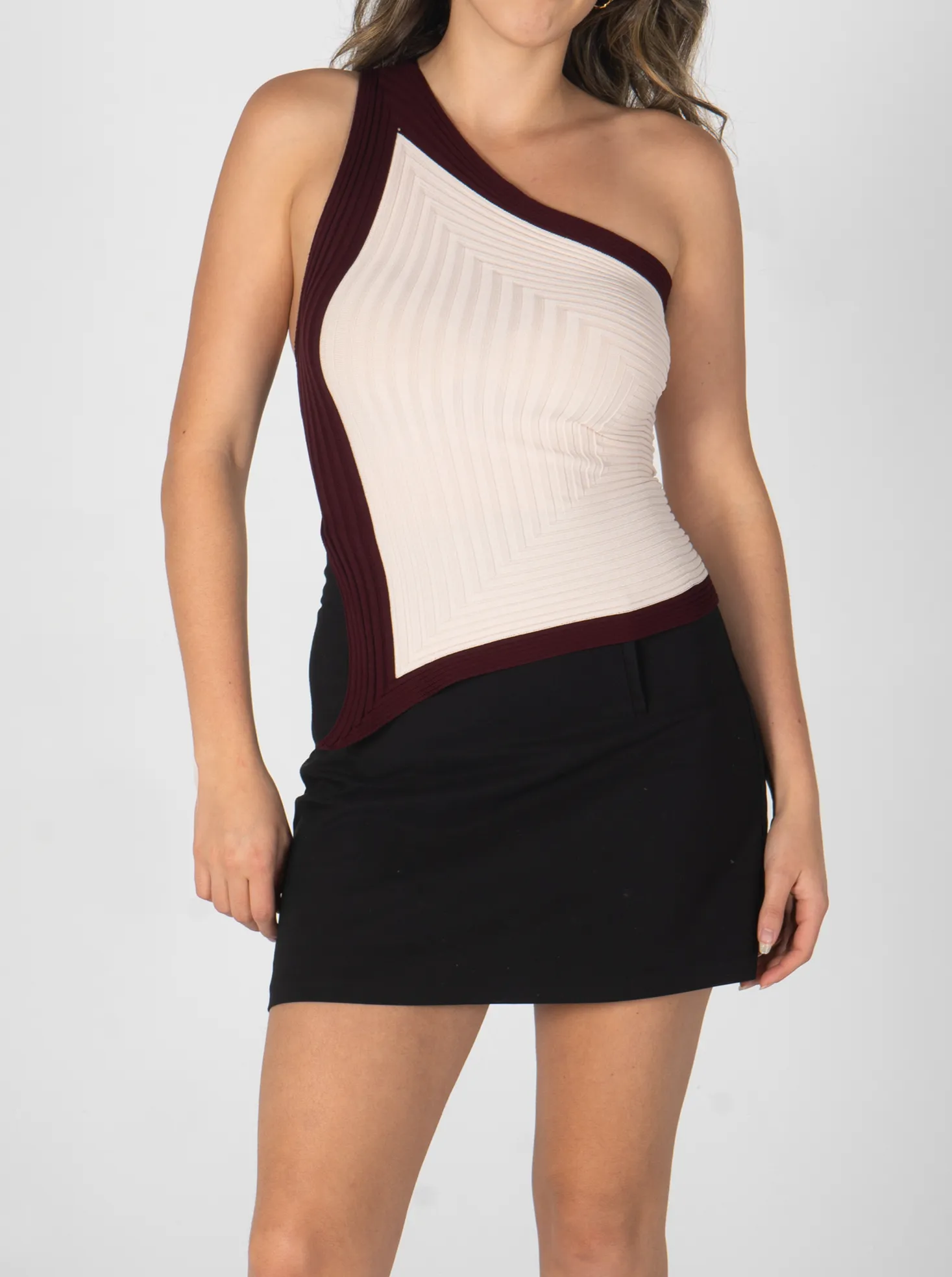 Luna One Shoulder Knit Top- Nude/Burgundy