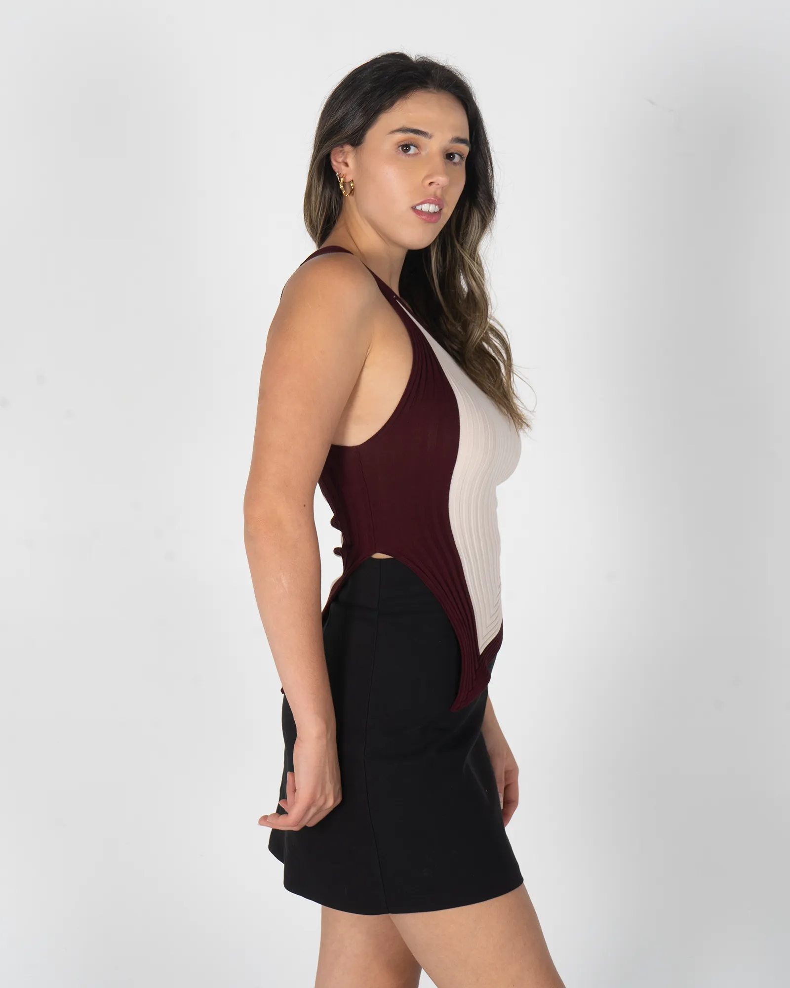 Luna One Shoulder Knit Top- Nude/Burgundy
