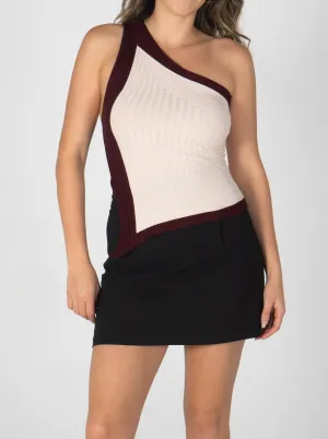 Luna One Shoulder Knit Top- Nude/Burgundy