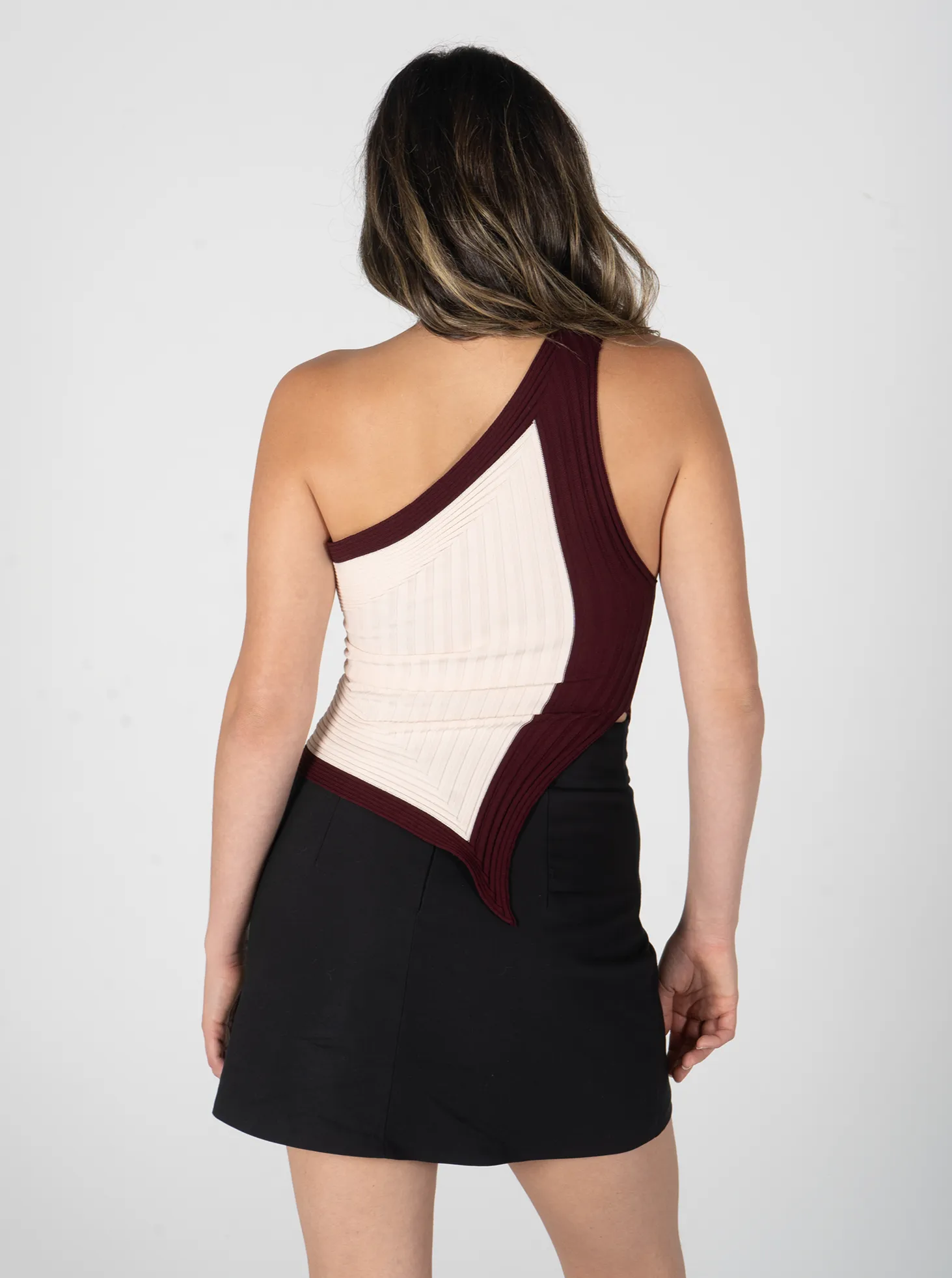 Luna One Shoulder Knit Top- Nude/Burgundy