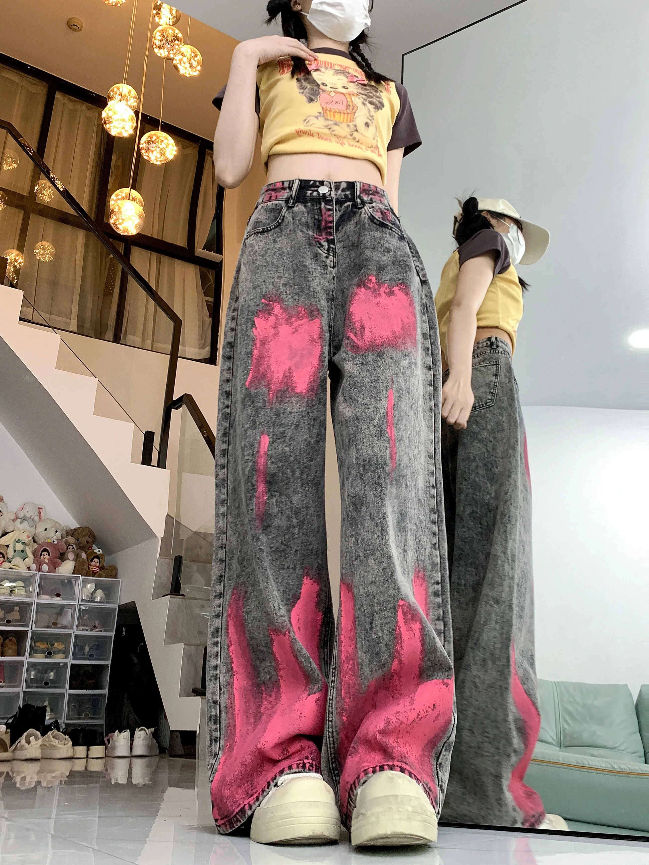 LVSANW American High Street Graffiti Design Y2k Jeans Personality Vintage Wide Leg Pants Women Summer New Hip-hop Jeans for Women