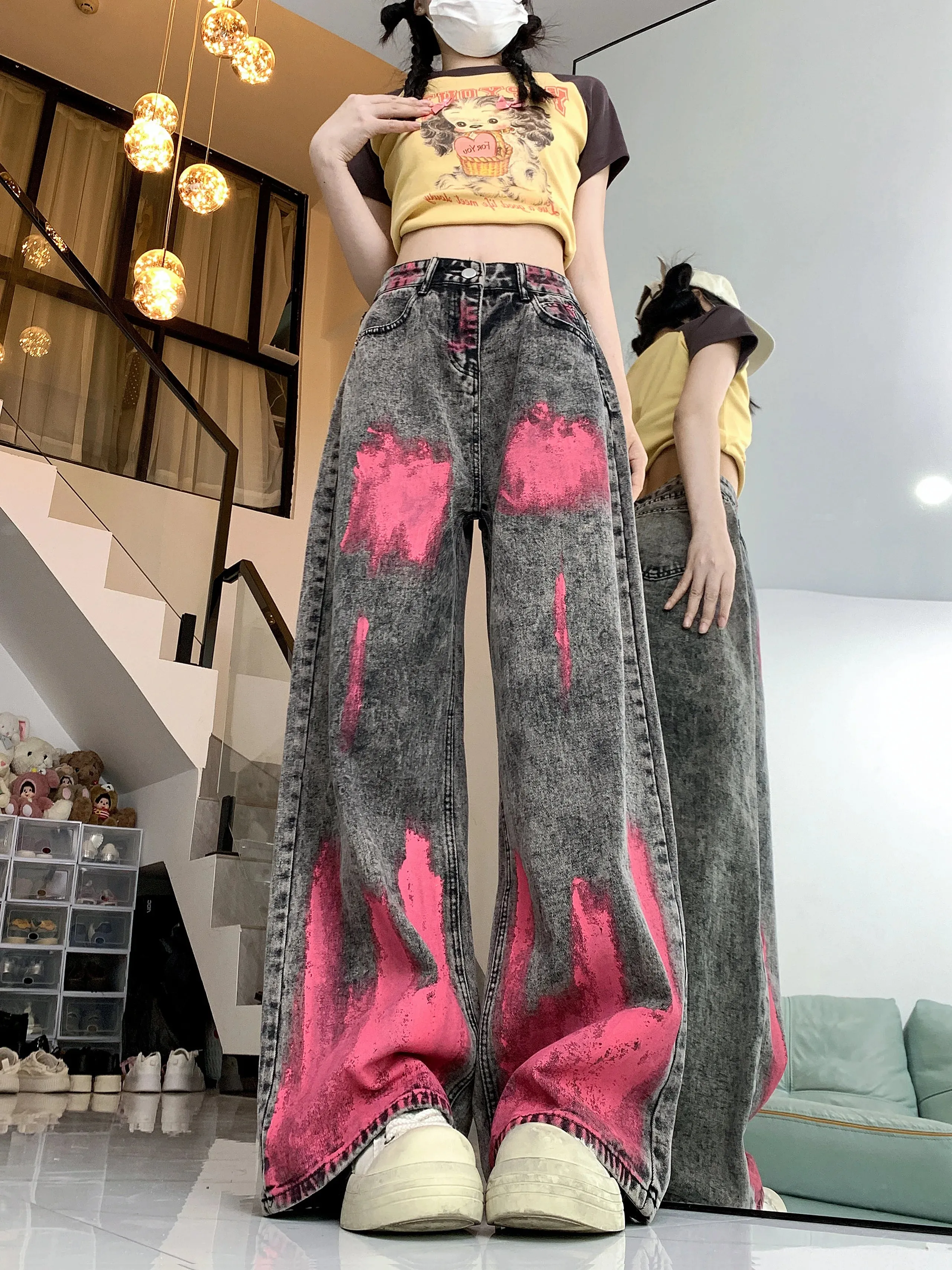 LVSANW American High Street Graffiti Design Y2k Jeans Personality Vintage Wide Leg Pants Women Summer New Hip-hop Jeans for Women