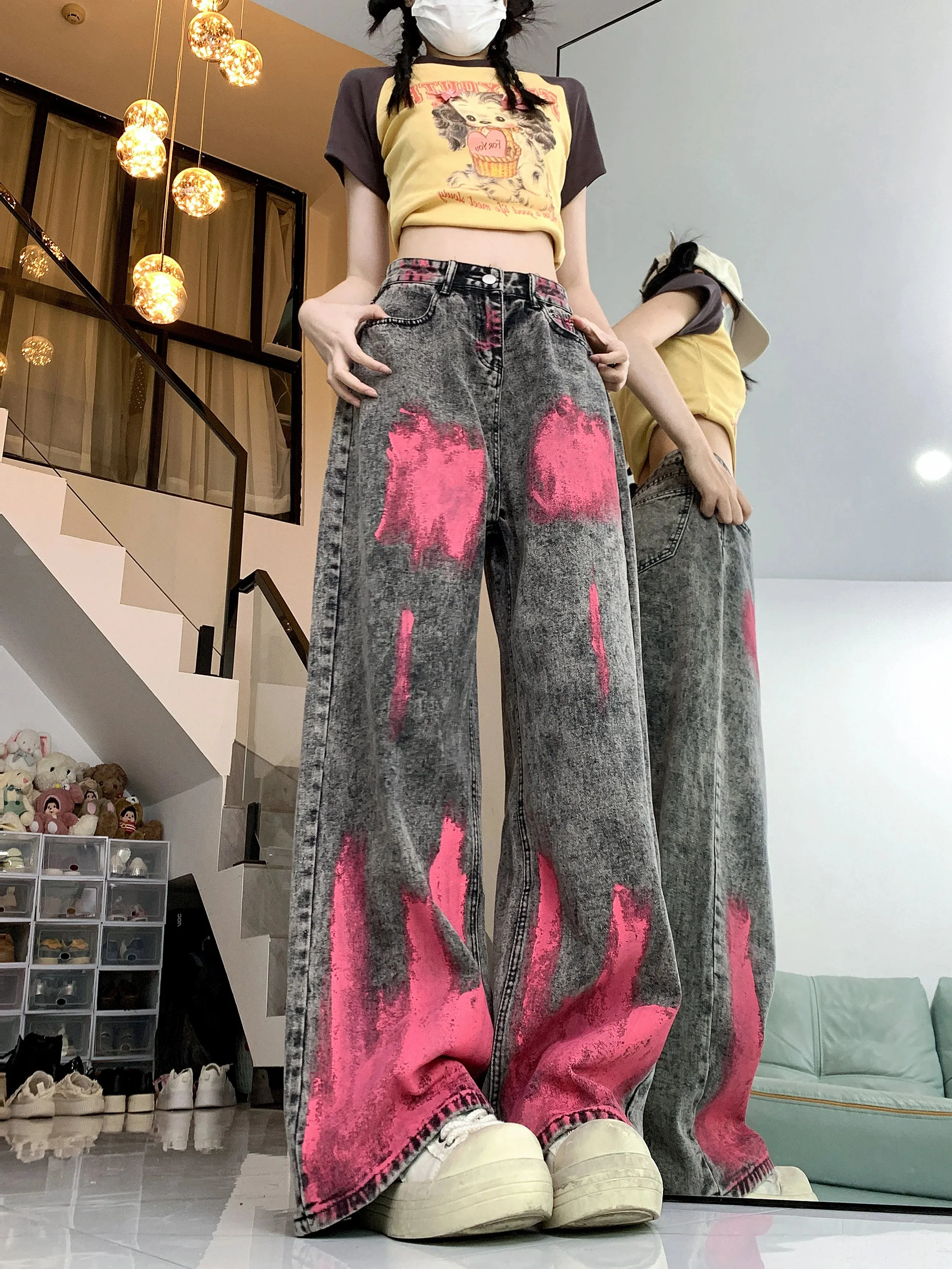 LVSANW American High Street Graffiti Design Y2k Jeans Personality Vintage Wide Leg Pants Women Summer New Hip-hop Jeans for Women