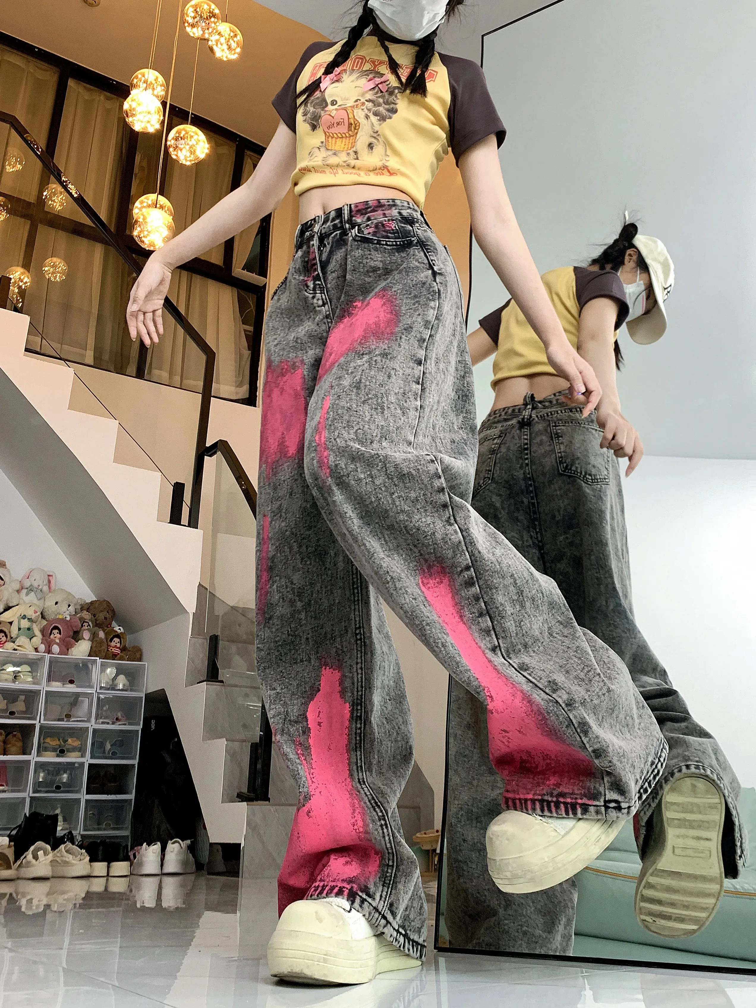 LVSANW American High Street Graffiti Design Y2k Jeans Personality Vintage Wide Leg Pants Women Summer New Hip-hop Jeans for Women