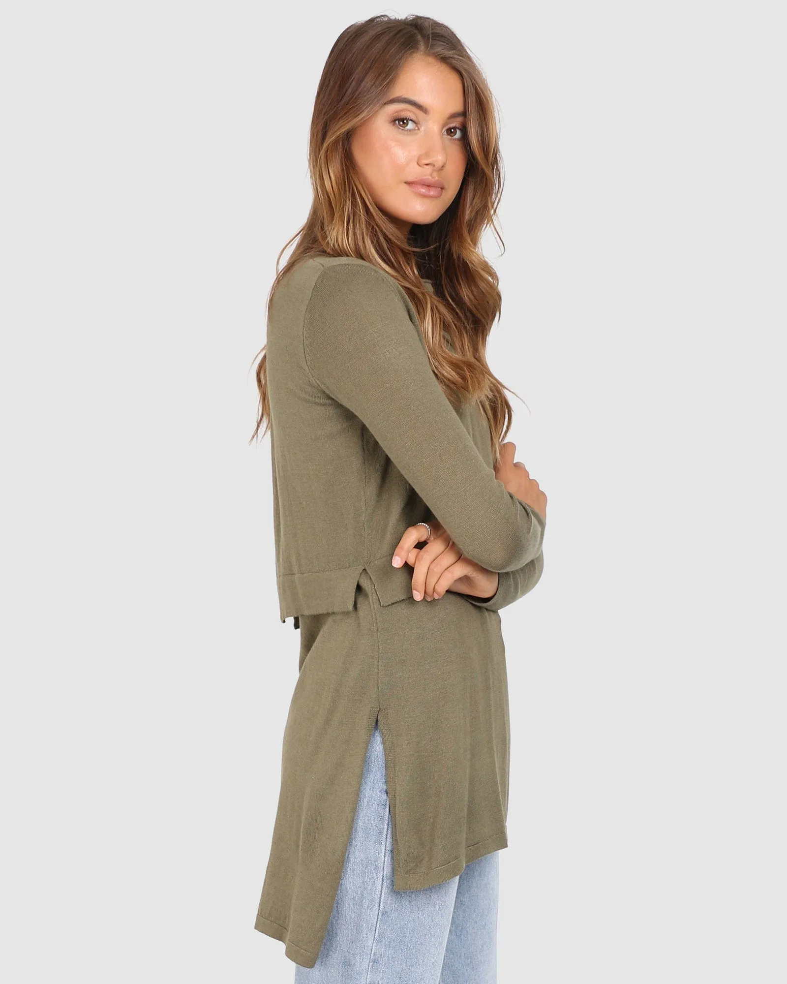 Madison The Label Hana Overlay Knit Top - KHAKI