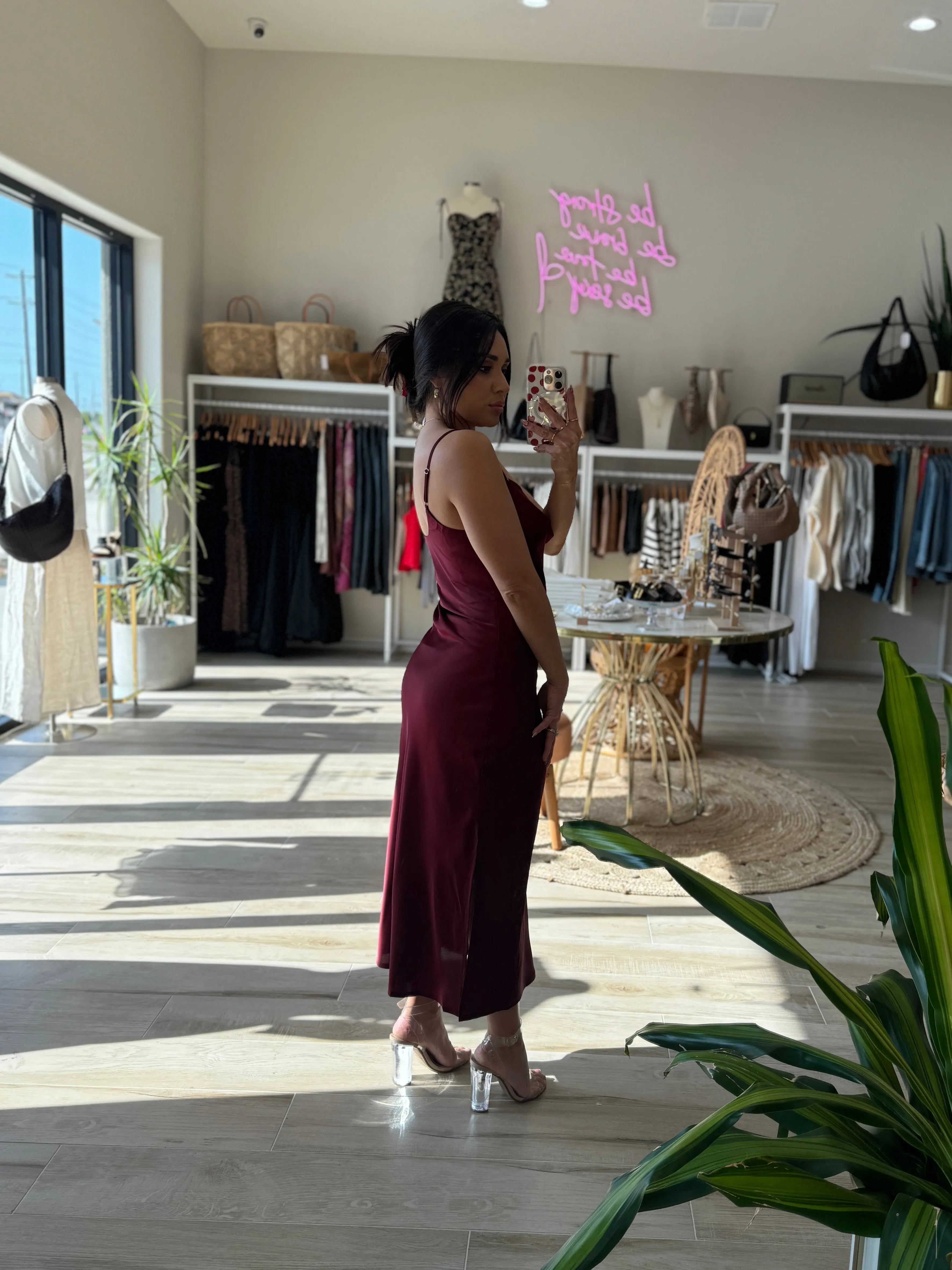 MARILYN SATIN SLIP MIDI MERLOT DRESS | FINAL SALE