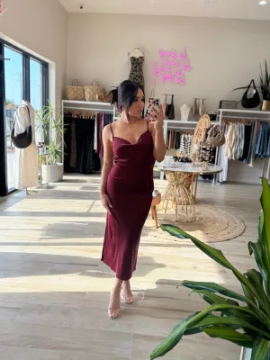MARILYN SATIN SLIP MIDI MERLOT DRESS | FINAL SALE
