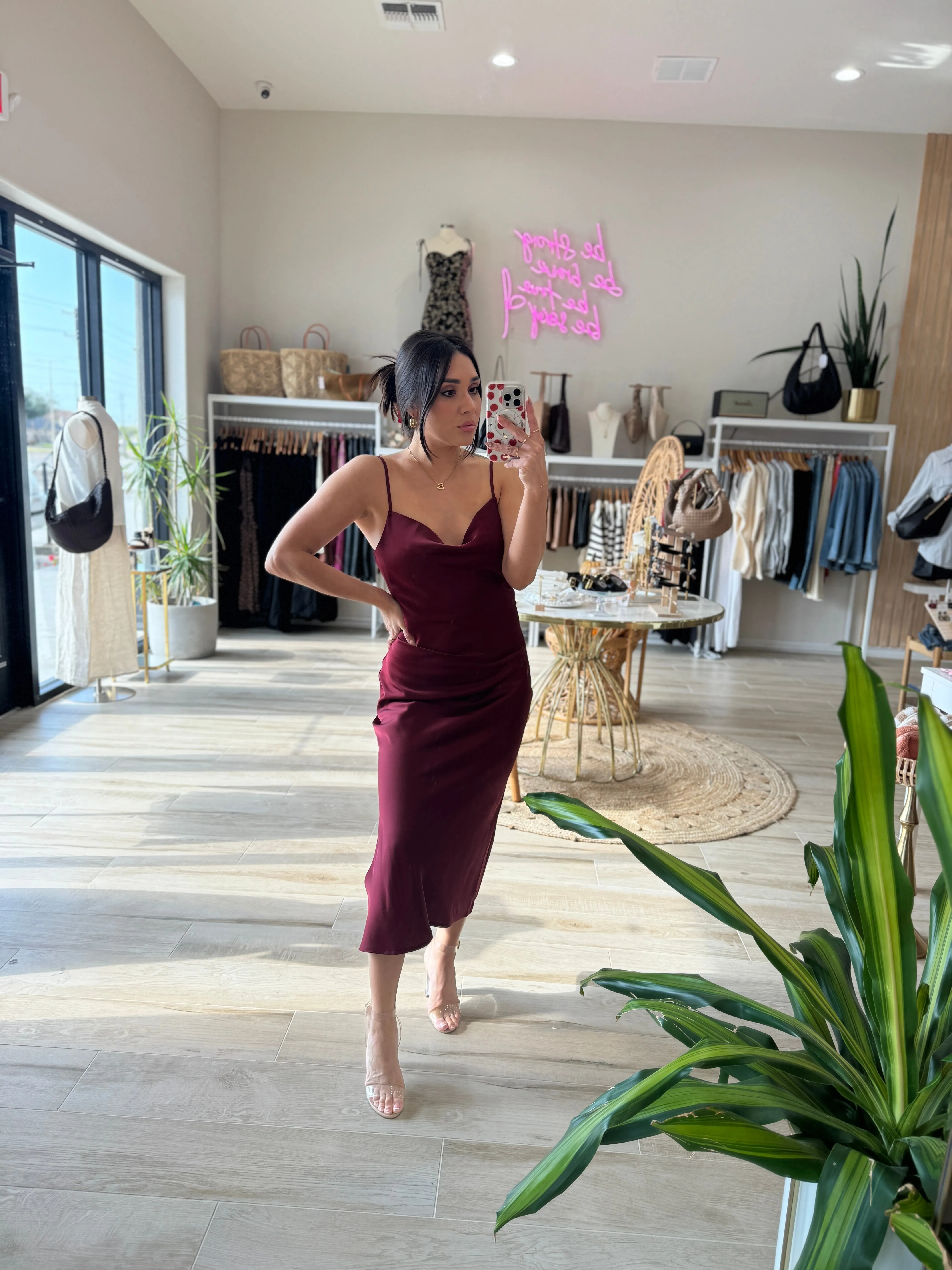 MARILYN SATIN SLIP MIDI MERLOT DRESS | FINAL SALE