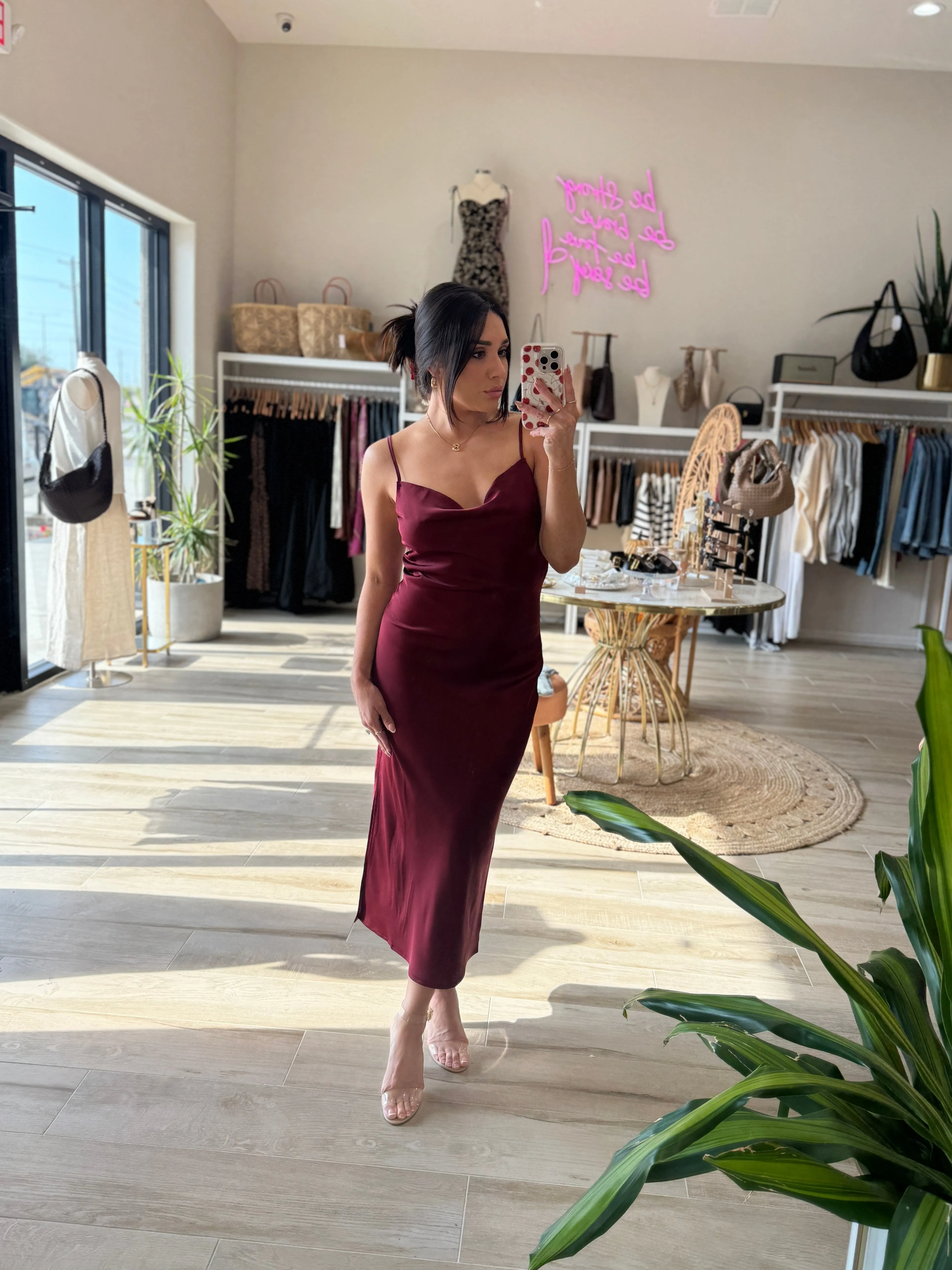 MARILYN SATIN SLIP MIDI MERLOT DRESS | FINAL SALE