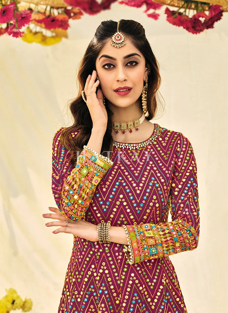 Maroon Embroidered Georgette Indian Anarkali