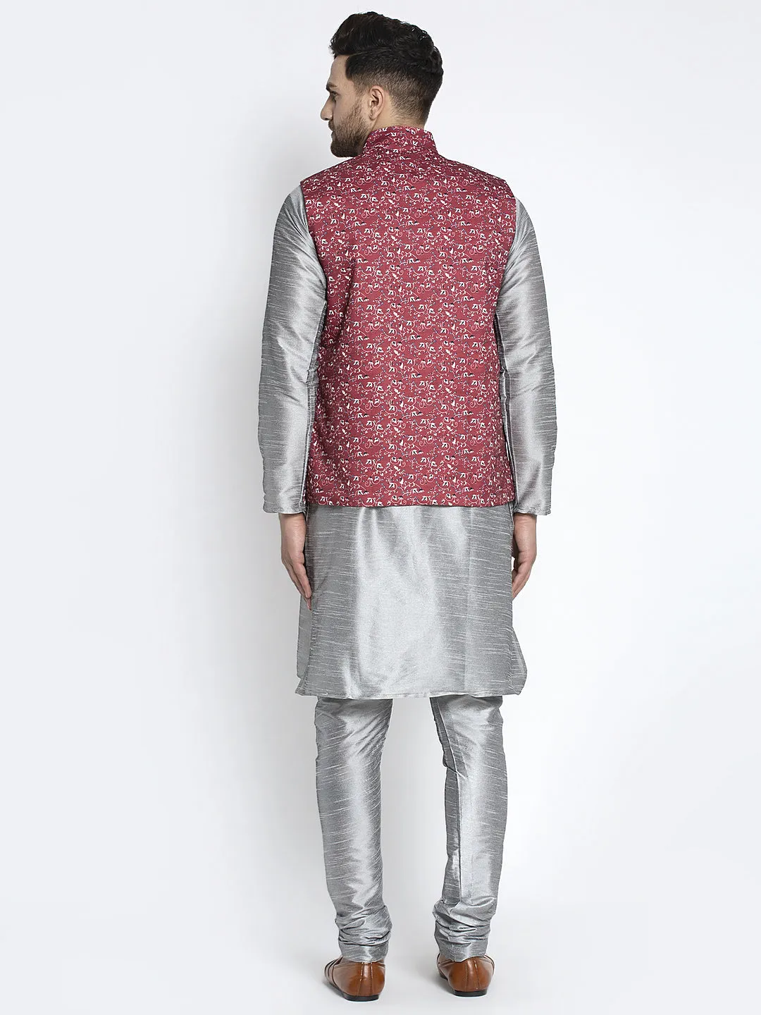 Men's Silk Blend Grey Kurta With Pyjama & Maroon Printed Nehru Jacket - Benstoke