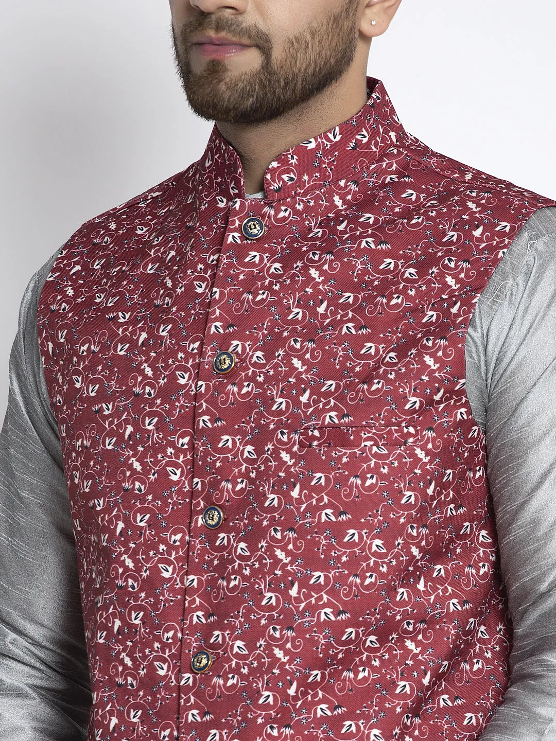 Men's Silk Blend Grey Kurta With Pyjama & Maroon Printed Nehru Jacket - Benstoke