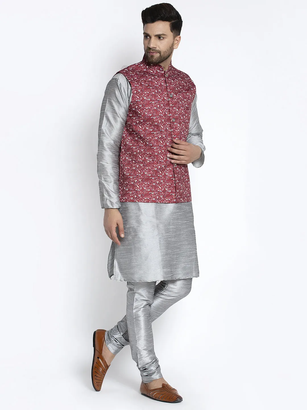 Men's Silk Blend Grey Kurta With Pyjama & Maroon Printed Nehru Jacket - Benstoke