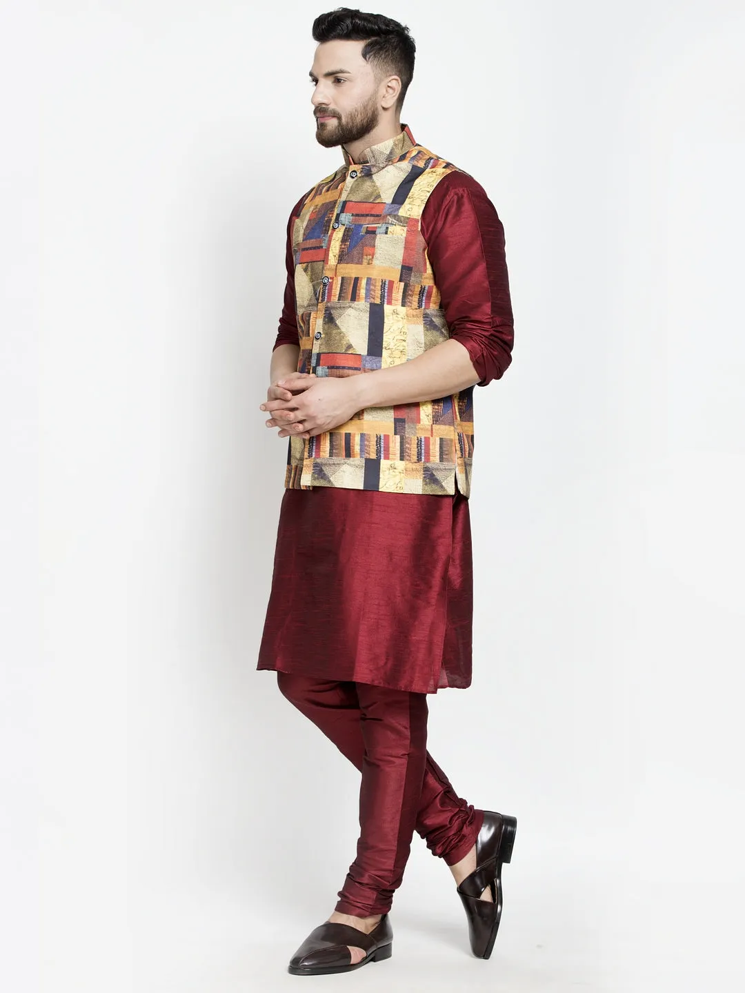 Men's Silk Blend Maroon Kurta With Pyjama & Multicolor Printed Nehru Jacket - Benstoke