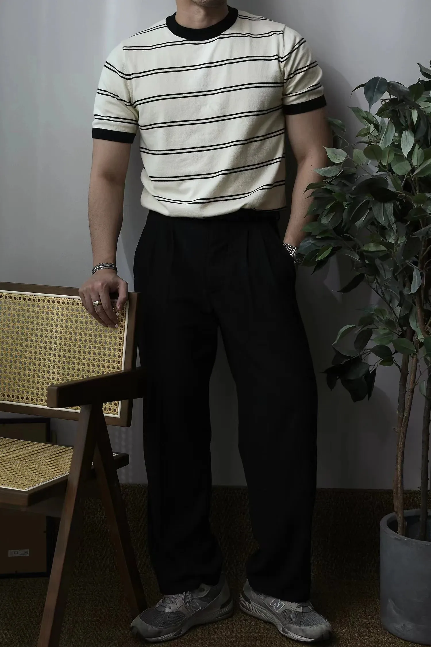 Men's Striped Knit T-shirt with Business Casual Military Style