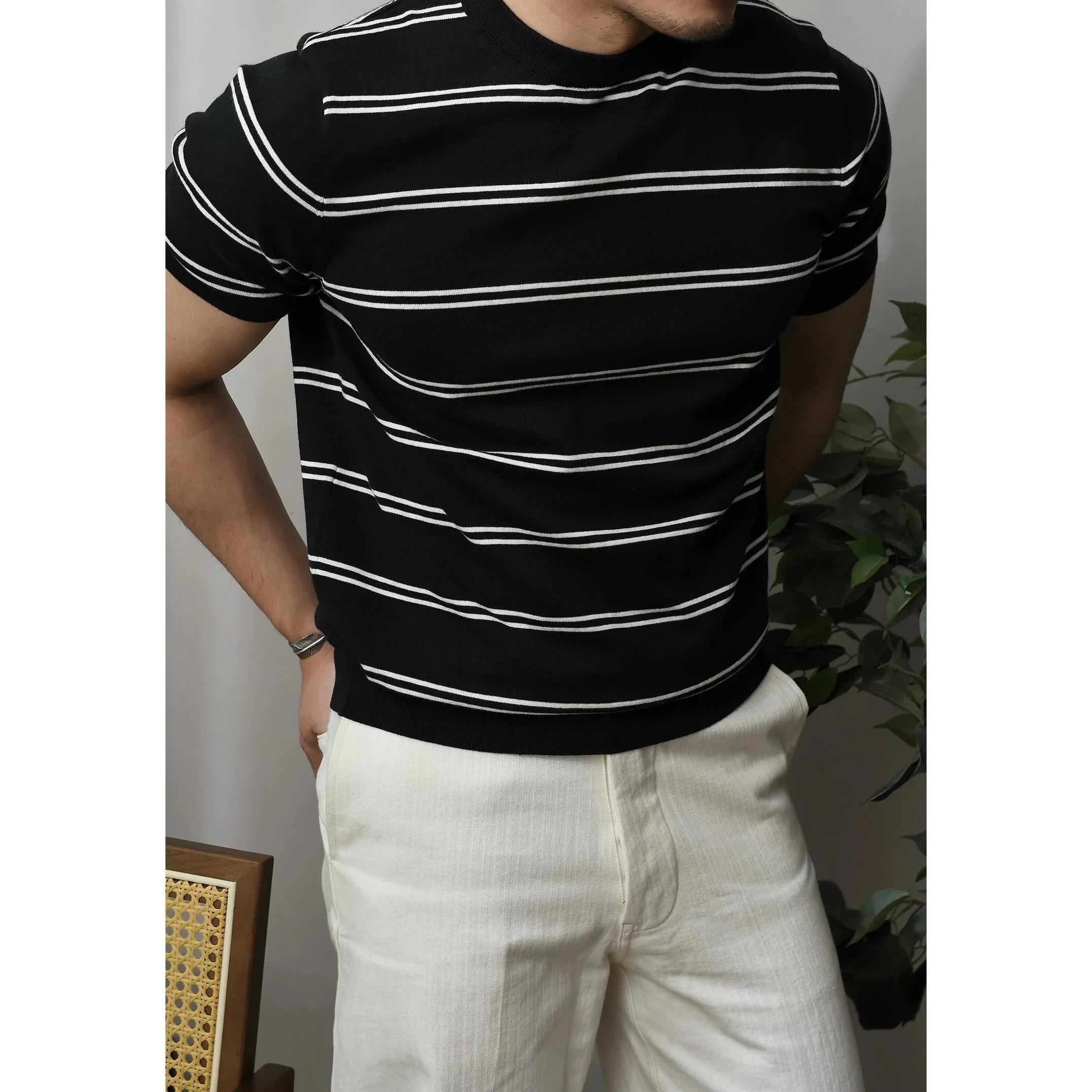 Men's Striped Knit T-shirt with Business Casual Military Style