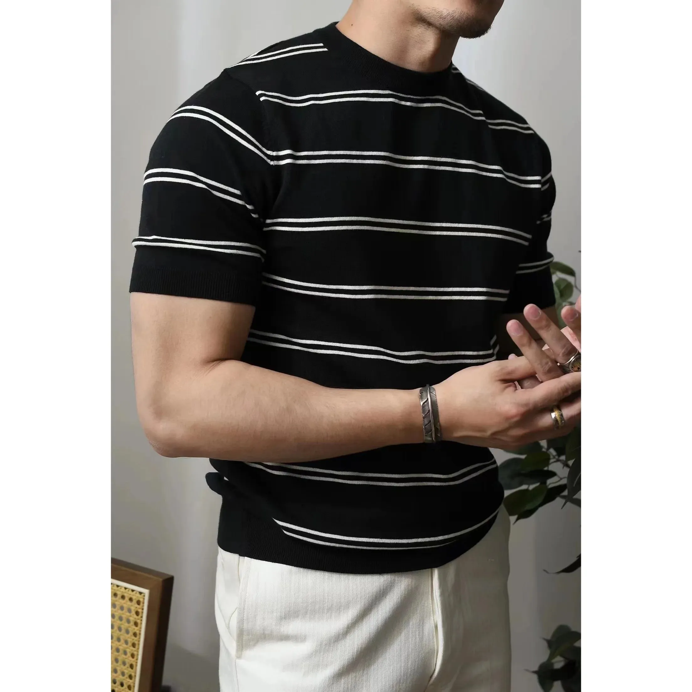 Men's Striped Knit T-shirt with Business Casual Military Style