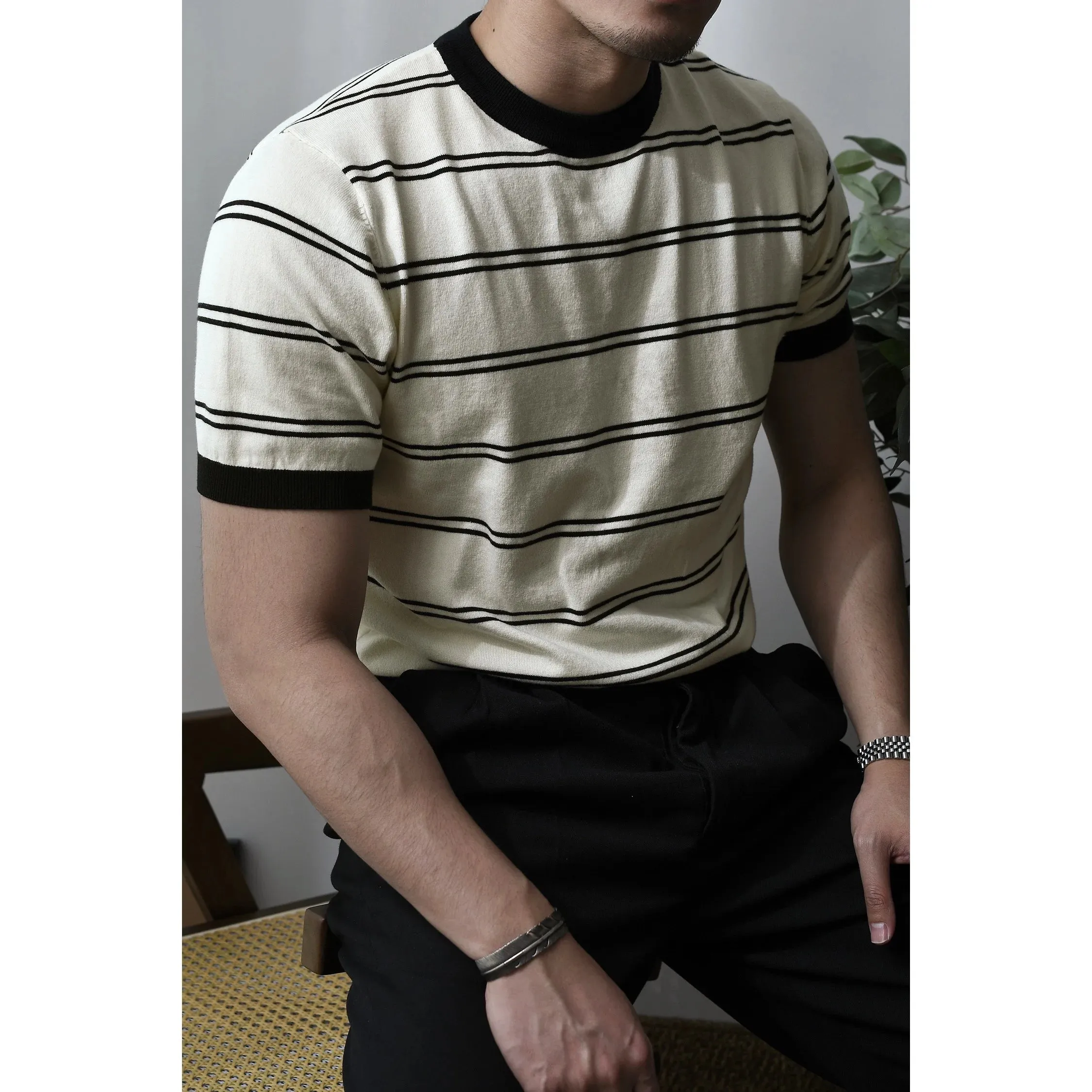 Men's Striped Knit T-shirt with Business Casual Military Style