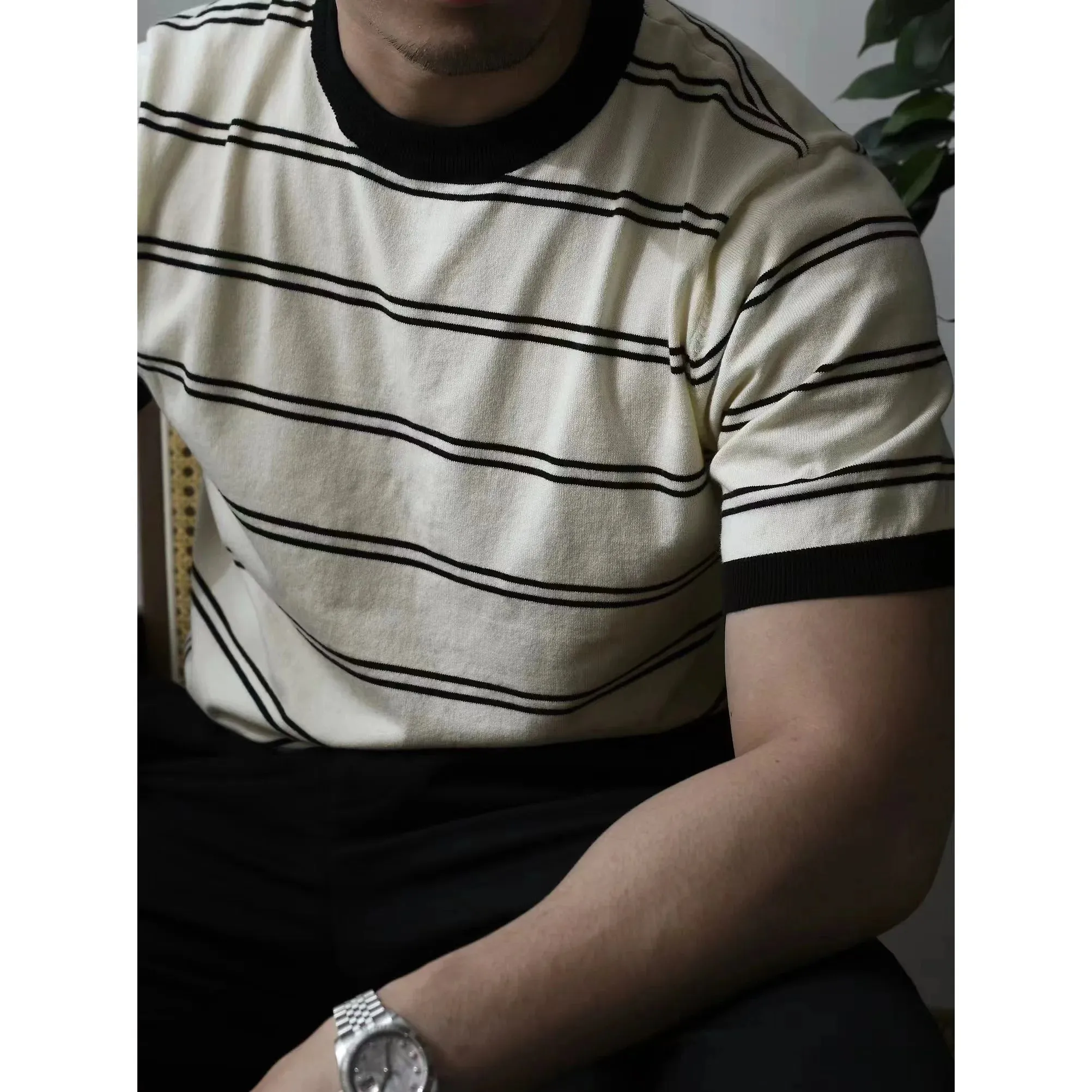 Men's Striped Knit T-shirt with Business Casual Military Style