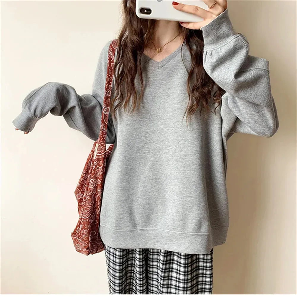 Metaversmall Autumn V-Neck Women Sweatshirts 2021 Solid Color Korean Hoodie Comfortable Loose Fashion Casual OL Elegant Lady Tops S-L