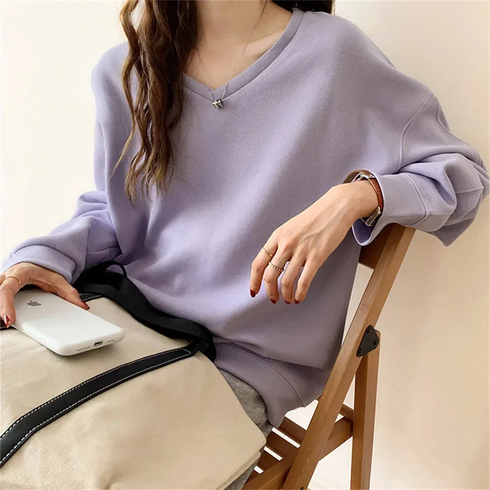 Metaversmall Autumn V-Neck Women Sweatshirts 2021 Solid Color Korean Hoodie Comfortable Loose Fashion Casual OL Elegant Lady Tops S-L