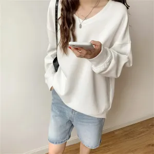 Metaversmall Autumn V-Neck Women Sweatshirts 2021 Solid Color Korean Hoodie Comfortable Loose Fashion Casual OL Elegant Lady Tops S-L