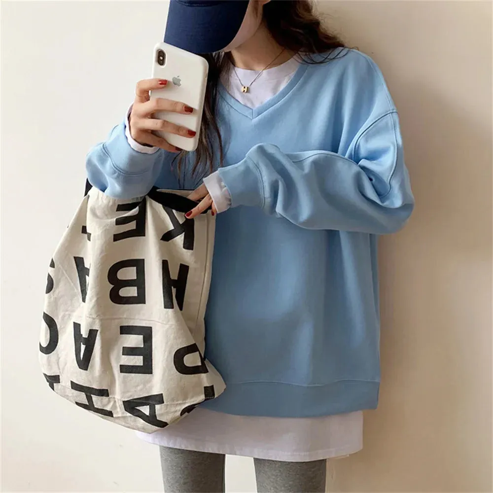 Metaversmall Autumn V-Neck Women Sweatshirts 2021 Solid Color Korean Hoodie Comfortable Loose Fashion Casual OL Elegant Lady Tops S-L