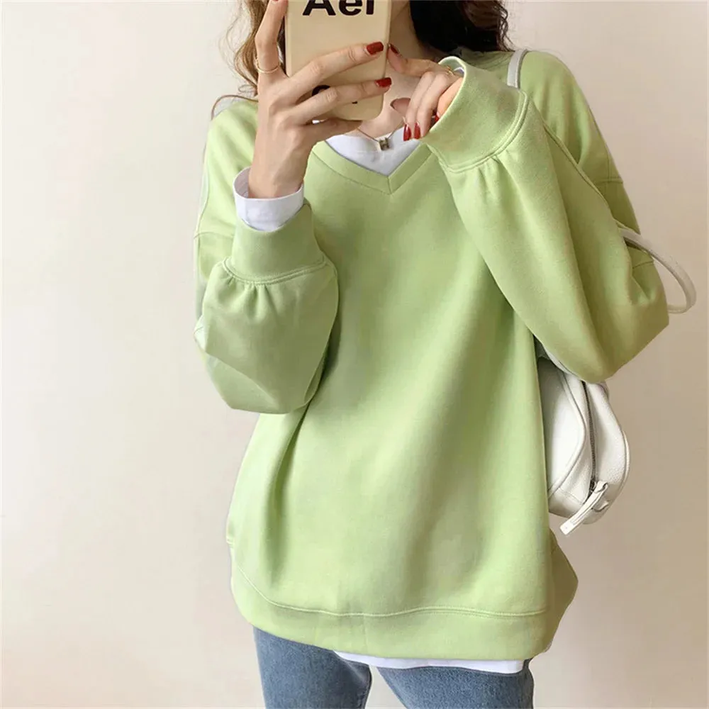 Metaversmall Autumn V-Neck Women Sweatshirts 2021 Solid Color Korean Hoodie Comfortable Loose Fashion Casual OL Elegant Lady Tops S-L
