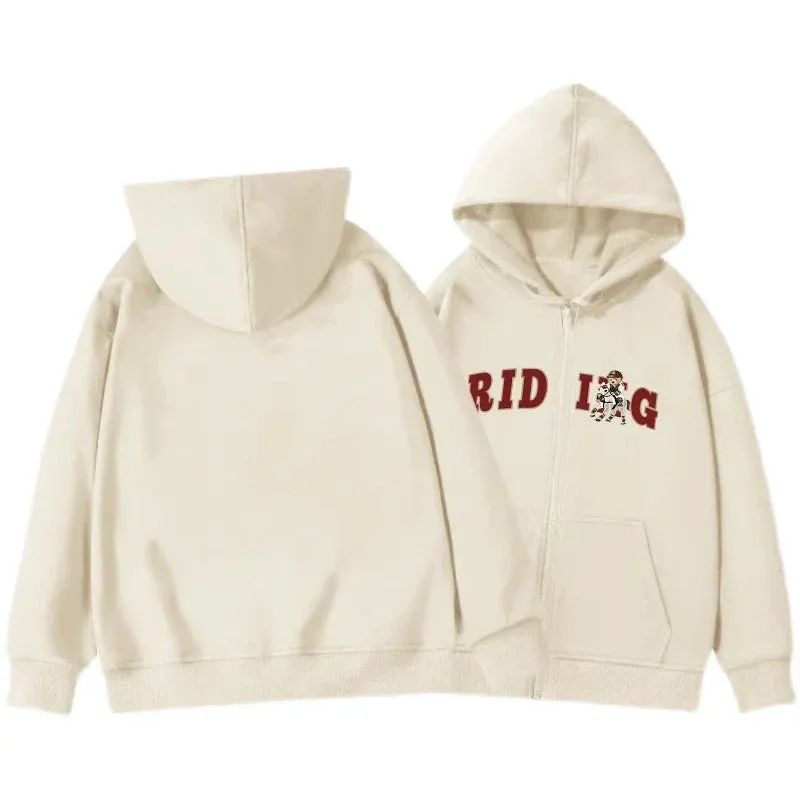 Metaversmall Basic Hooded Drawstring Chic Letter Printing Women Hoodies Winter Solid Color Simple Casual Zipper Fashion Female Hoodies