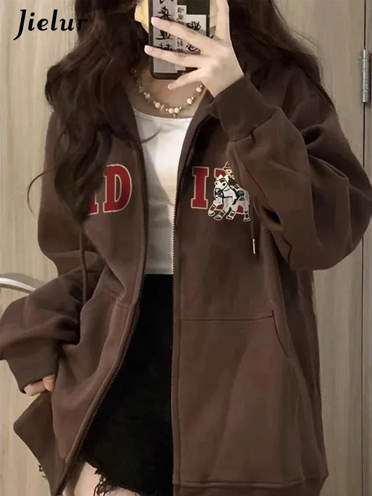 Metaversmall Basic Hooded Drawstring Chic Letter Printing Women Hoodies Winter Solid Color Simple Casual Zipper Fashion Female Hoodies