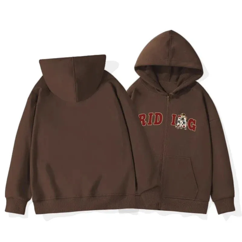 Metaversmall Basic Hooded Drawstring Chic Letter Printing Women Hoodies Winter Solid Color Simple Casual Zipper Fashion Female Hoodies