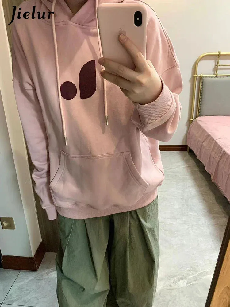 Metaversmall Pink Casual Hooded Drawstring Simple Women Hoodies Basic Chicly Printing Loose Fashion Pocket Pure Color Female Hoodies